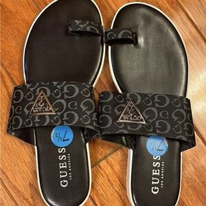 Guess Black Logo Pattern Slide Sandals with White Trim